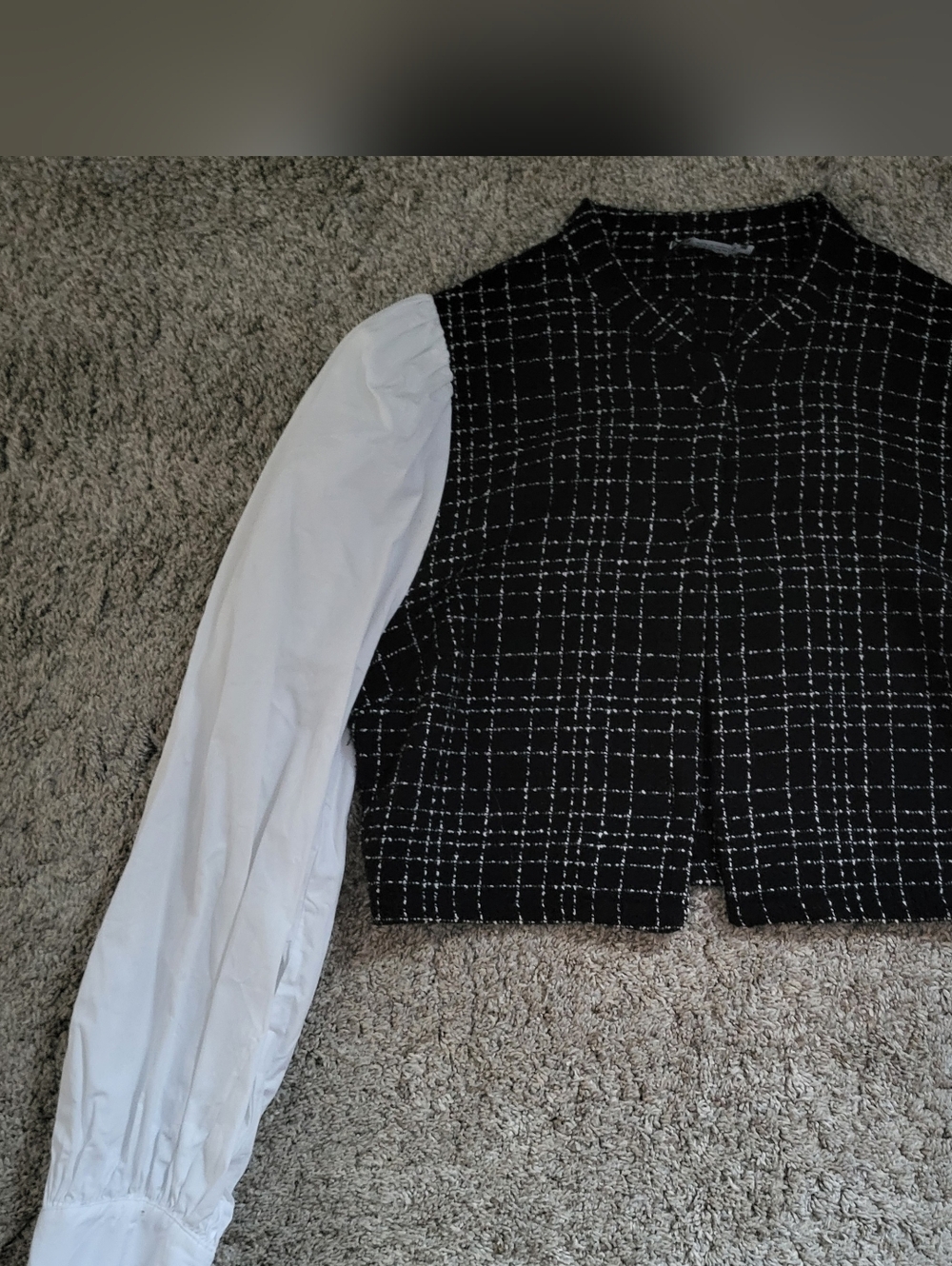 Black Tweed Cropped Top with White Sleeves